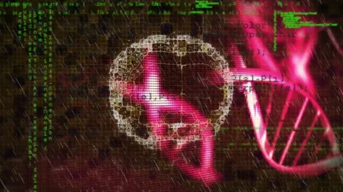 Animation of data processing over human brain icon and dna structures spinning 库存影片 229659930