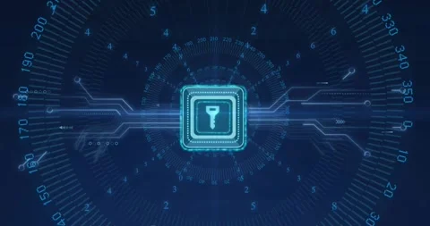 Animation of data processing over key icon with computer circuit board on black Stock Footage 329694324
