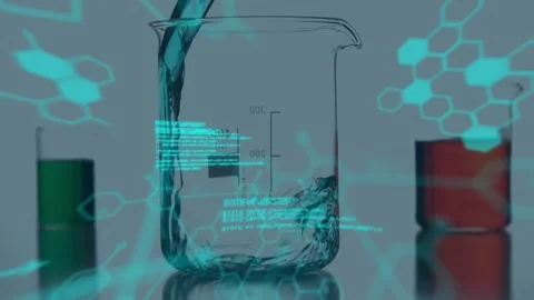 Animation of data processing over laboratory beakers Stock Footage 328354724