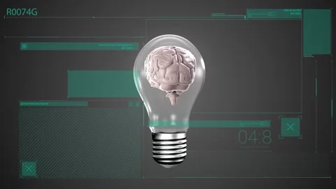 Animation of data processing over lightbulb with human brain Stock Footage 327356440