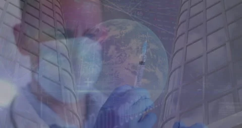 Animation of data processing over male doctor preparing vaccination wearing face Stock Footage 155778951