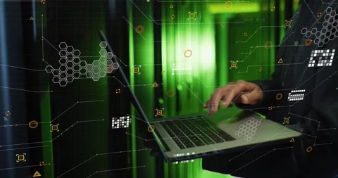 Animation of data processing over male it engineer over computer servers Stock Footage 327707896