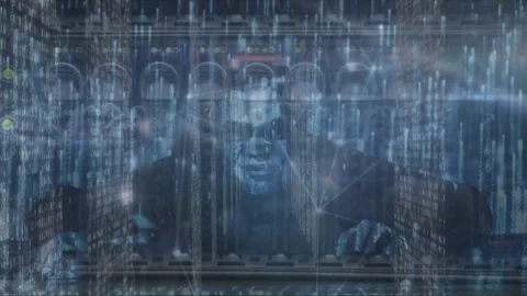 Animation of data processing over male hacker and computer servers Stock Footage 328465739