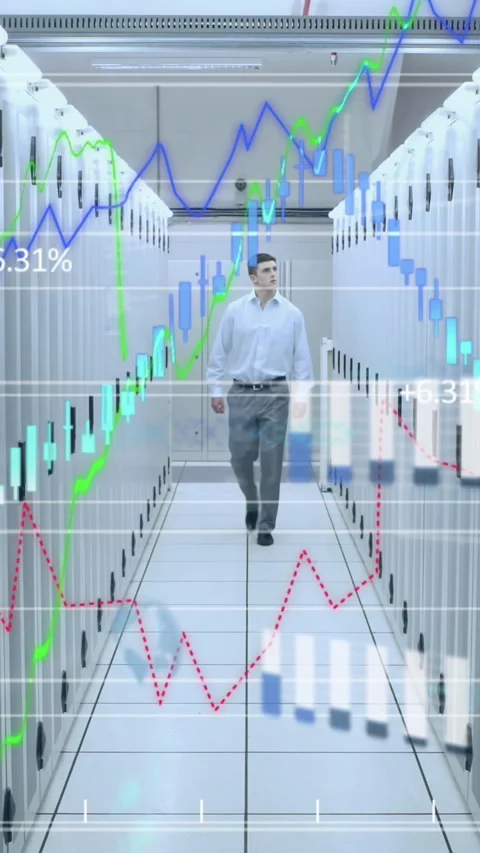 Animation of data processing over male it technician by computer servers Stock Footage 344594582