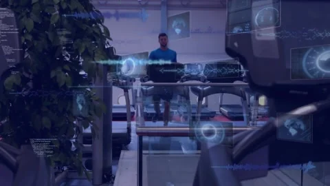 Animation of data processing over man running on treadmill, exercising in gym Stock Footage 229106395