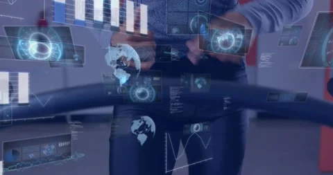 Animation of data processing over man running on treadmill, exercising in gym Stock Footage 229106459