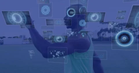 Animation of data processing over man jumping, exercising outdoors Stock Footage 328290694