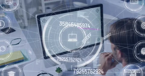 Animation of data processing over man using computer with blank screen Stock Footage 328582169