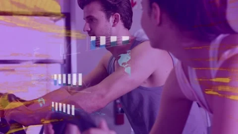 Animation of data processing over man and woman exercising 動画素材 329568931