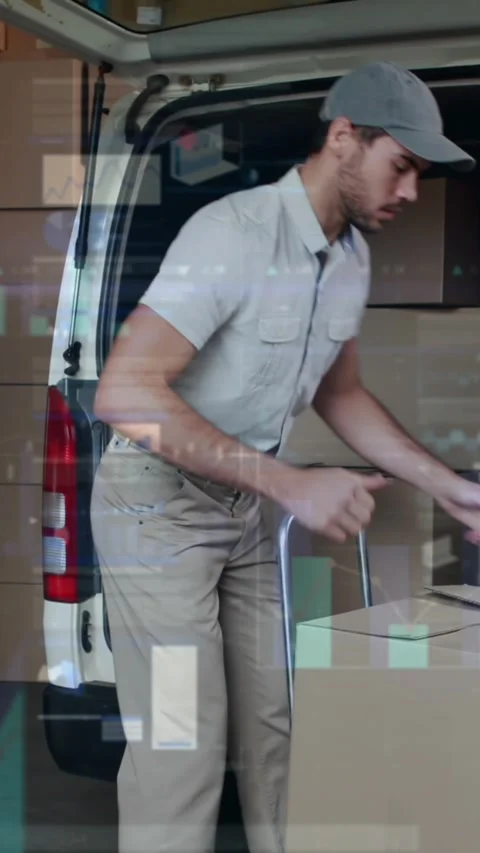 Animation of data processing over man packing boxes into car Stock Footage 344635734