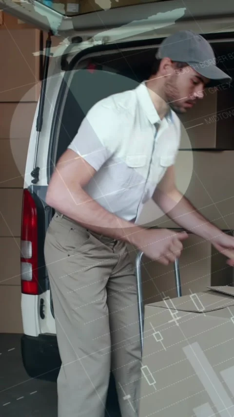 Animation of data processing over man packing boxes into car Stock Footage 344669072