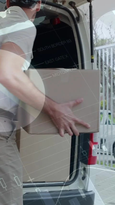 Animation of data processing over man packing boxes into car Stock Footage 344693089