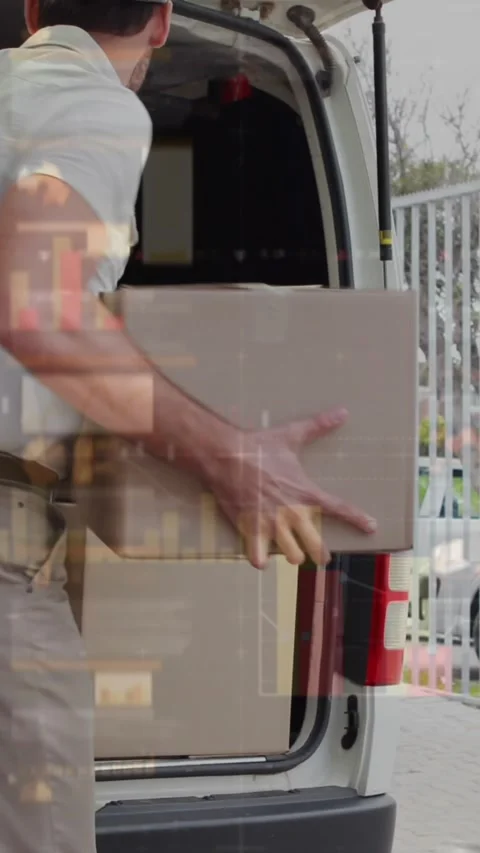 Animation of data processing over man packing boxes into car Stock Footage 344722616