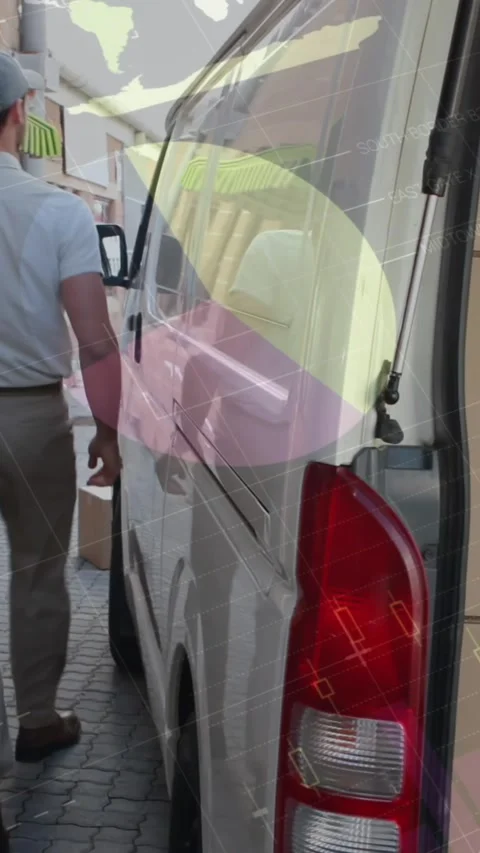 Animation of data processing over man packing boxes into car Stock Footage 344722619