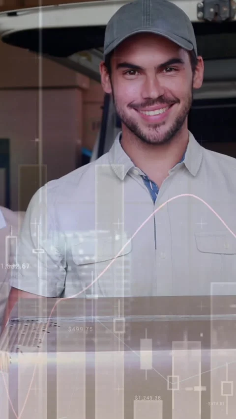 Animation of data processing over man packing boxes into car Stock Footage 344722622