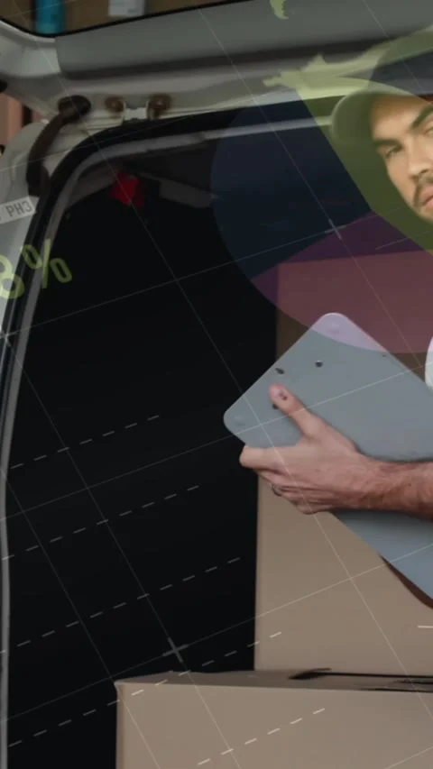 Animation of data processing over man packing boxes into car Stock Footage 344722626