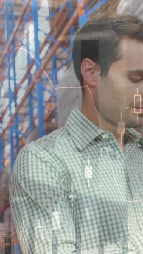 Animation of data processing over man working in warehouse Stock Footage 344774526