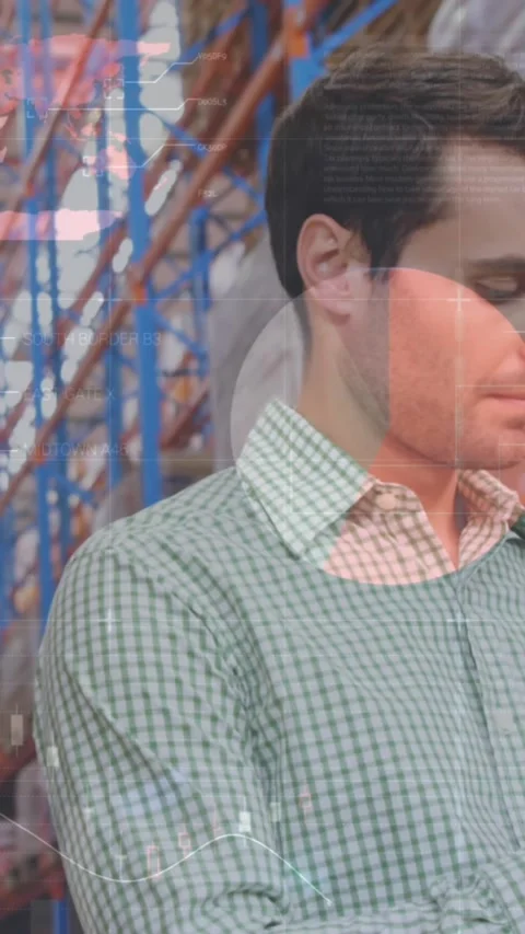Animation of data processing over man working in warehouse Stock Footage 344774527
