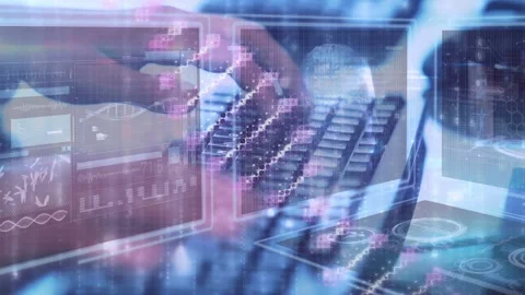Animation of data processing over men using computer Stock Footage 330659086