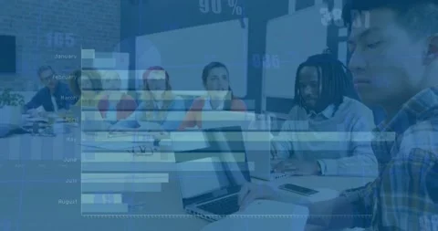 Animation of data processing over mid section of woman passing document to Video stock 236433274