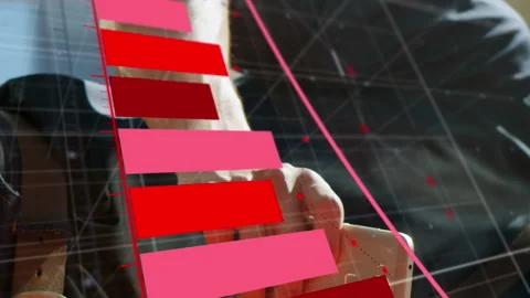 Animation of data processing over mid section of man drinking coffee and using Stock Footage 312673793