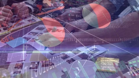 Animation of data processing over mid section of graphic designers discussing Stock Footage 326875875