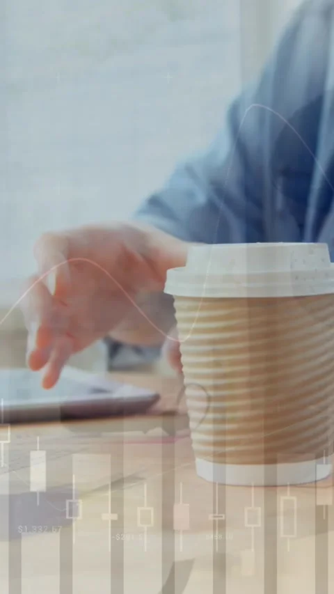 Animation of data processing over mid section of a woman using tablet drinking Stock Footage 344557797