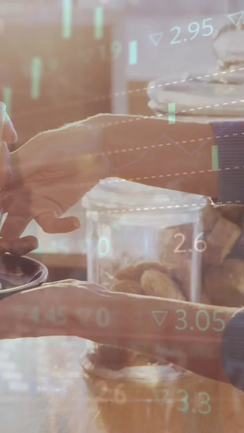 Animation of data processing over mid section of a woman taking a coffee at a Stock Footage 344635915