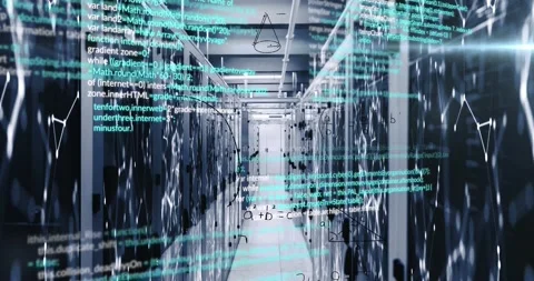 Animation of data processing over modern building and computer servers Stock Footage 328931555