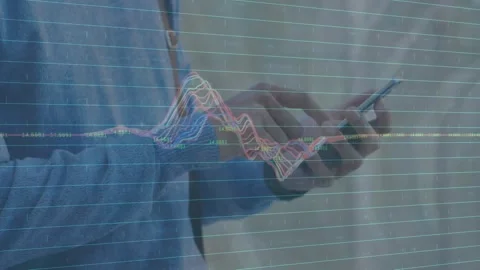 Animation of data processing over moving grid and womans blue and circular model Stock Footage 328302869