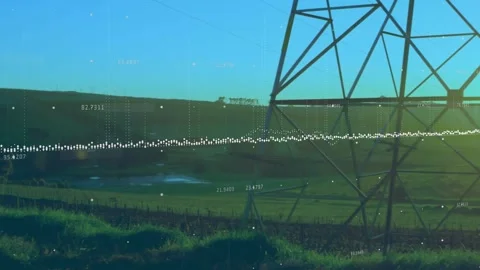 Animation of data processing over network towers on grassland against blue sky Stock Footage 328300011