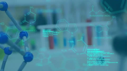 Animation of data processing over old school vs new school text and lab Stock Footage 326763941