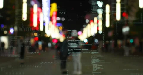 Animation of data processing over out of focus city lights Stock Footage 241565924