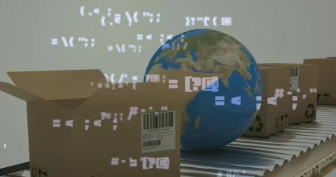 Animation of data processing over packages and globe Stock Footage 330399499