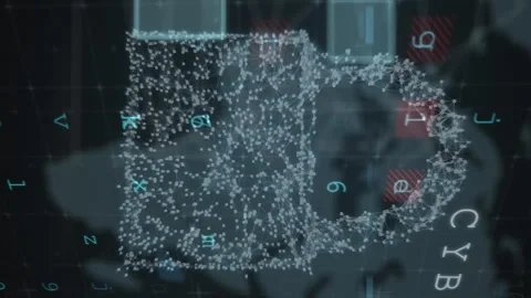 Animation of data processing over padlock and world map Video stock 312609203