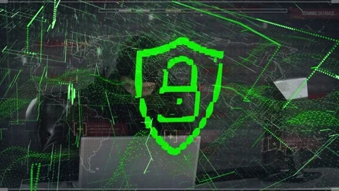 Animation of data processing over padlock and caucasian male hacker Stock Footage 327127074