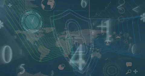 Animation of data processing over padlock icon and world map on blue background Vídeos de archivo 327901616