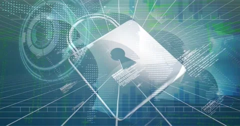 Animation of data processing over padlock icon and scope scannig on blue Vídeos de archivo 329168881