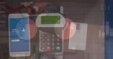 Animation of data processing over payment terminal, credit card and smartphone Stock Footage 208394102
