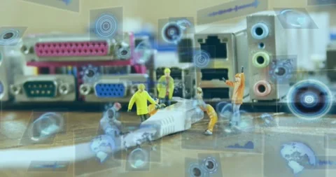 Animation of data processing over people figures and cable with computer server Stock Footage 329771474