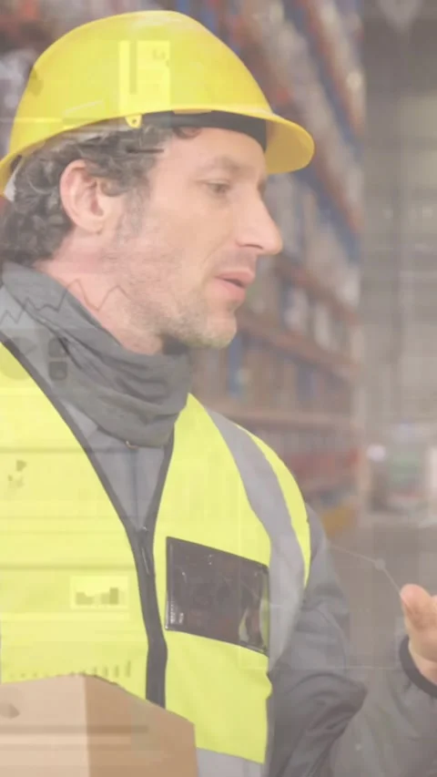 Animation of data processing over people working in warehouse Stock Footage 344635721