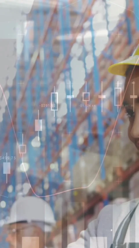 Animation of data processing over people working in warehouse Stock Footage 344706154