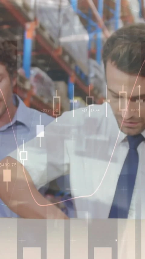 Animation of data processing over people working in warehouse Stock Footage 344706164