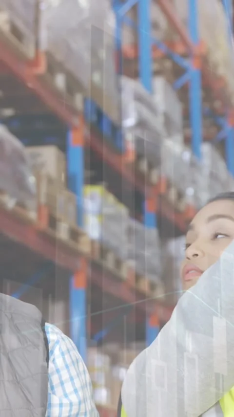 Animation of data processing over people working in warehouse Stock Footage 344722609