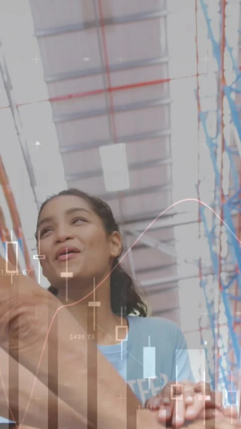 Animation of data processing over people working in warehouse Stock Footage 344722612