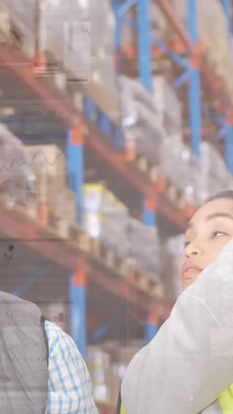 Animation of data processing over people working in warehouse Stock Footage 344765699