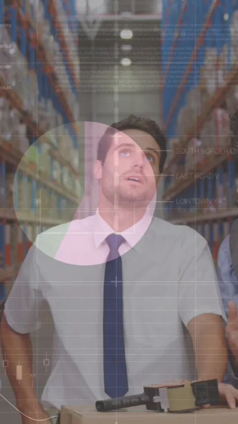 Animation of data processing over people working in warehouse Stock Footage 344802979