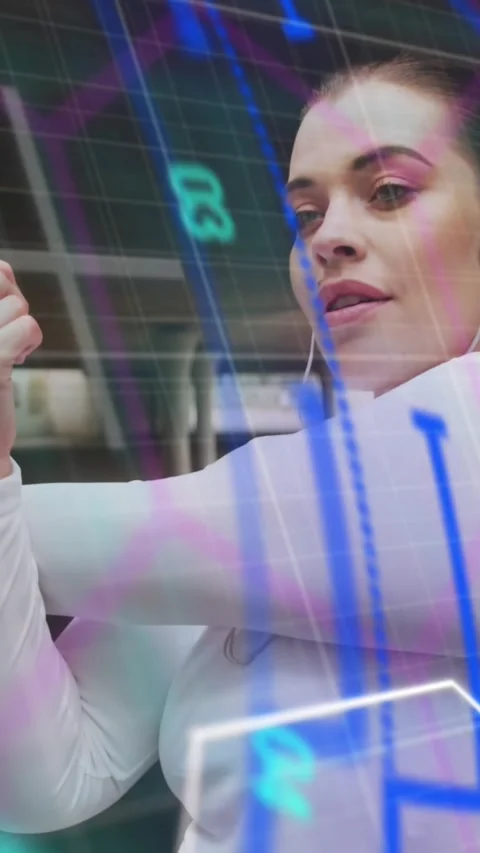Animation of data processing over plus size caucasian woman exercising in city Stock Footage 323783832