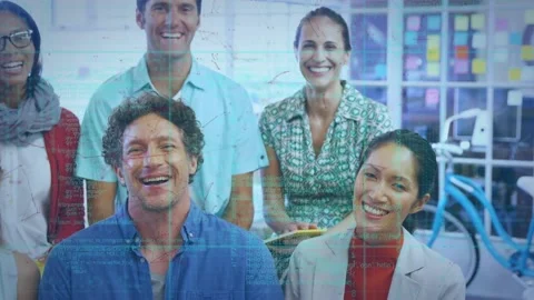 Animation of data processing over portrait of smiling team of diverse work Stock Footage 159724197