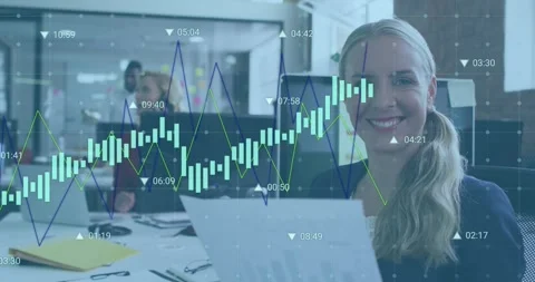 Animation of data processing over portrait of caucasian woman holding a document 库存影片 329110392